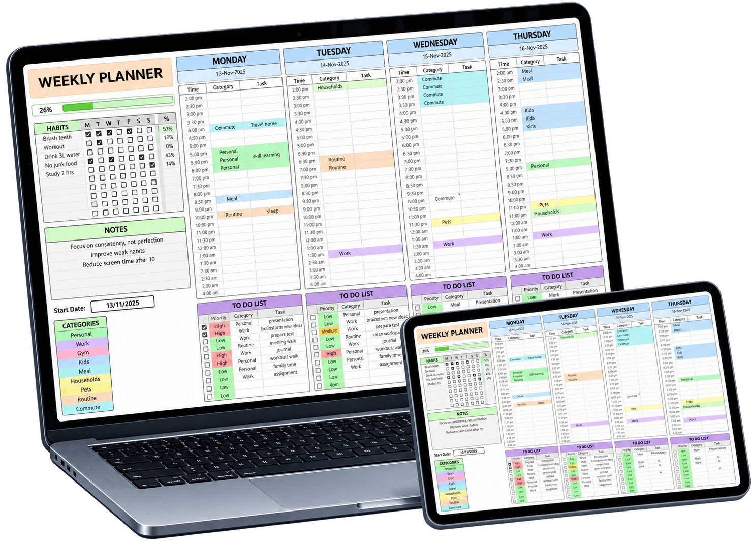 Weekly Planner and Todo Planner Google Sheets dashboard on a laptop and tablet